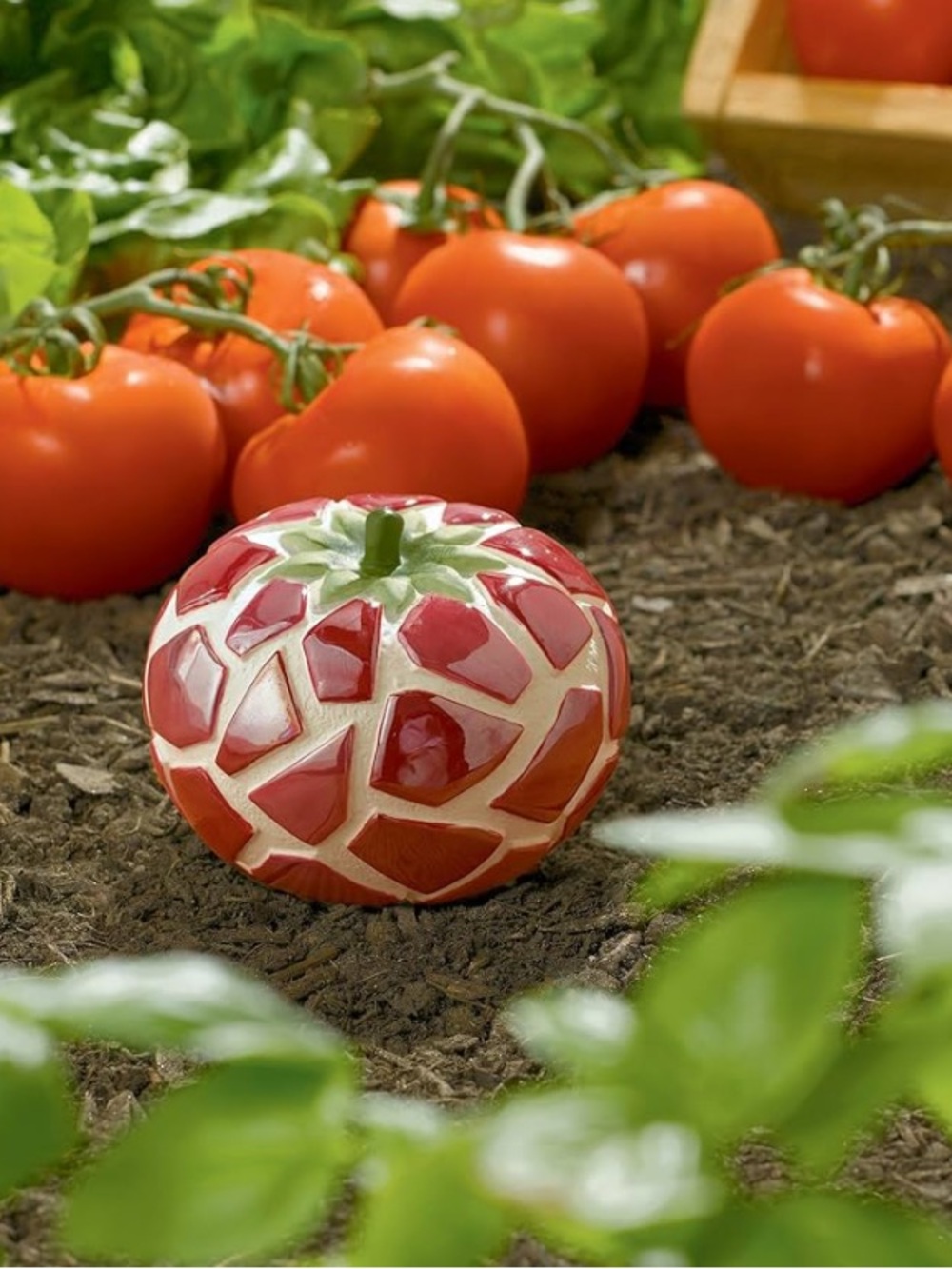 Grasslands Road Red Mosaic Ceramic Tomato Accent with Green Stem - Picture 3 of 10